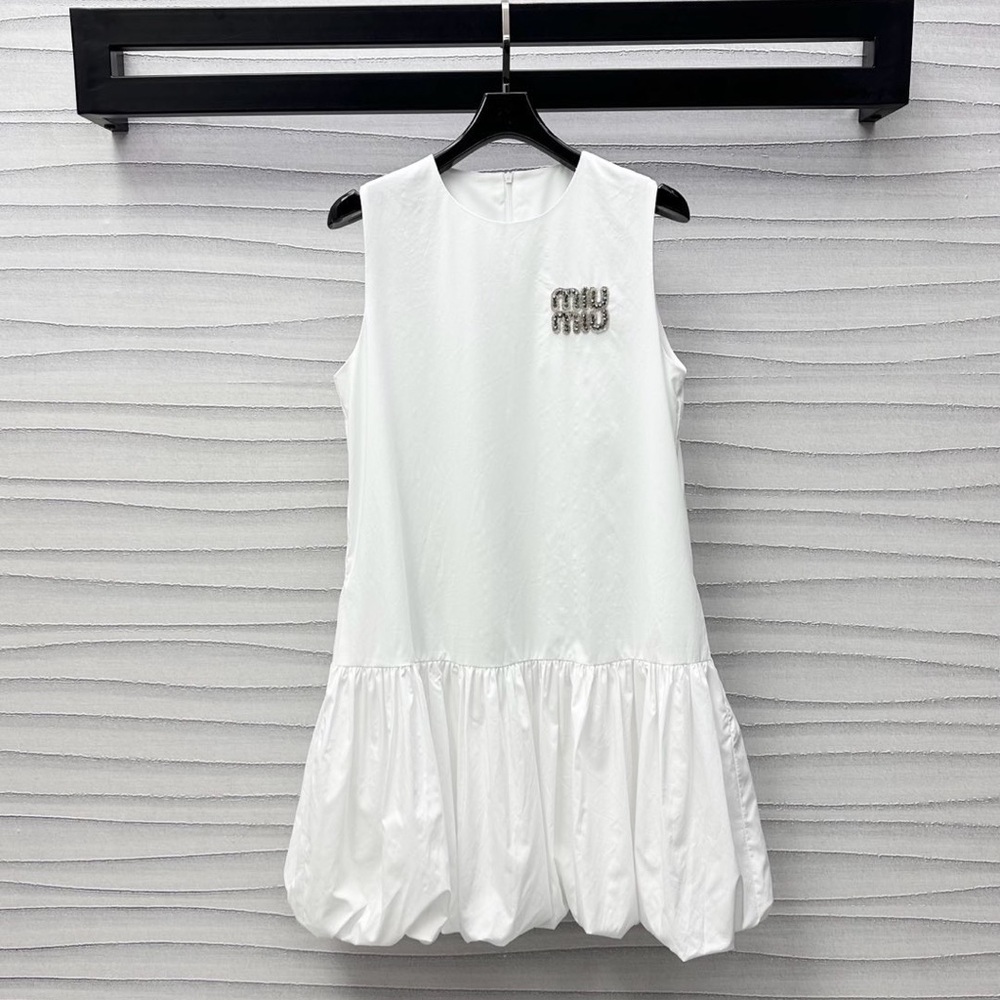 Miu Miu White Sleeveless Bubble-Hem Dress with Embellished Logo